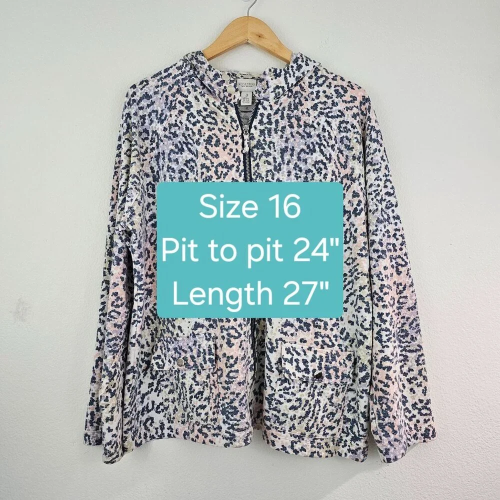 Chico's Weekends Utility Animal Print Zip Up Hoodie Jacket Sz L 16 Casual Active - Picture 5 of 10